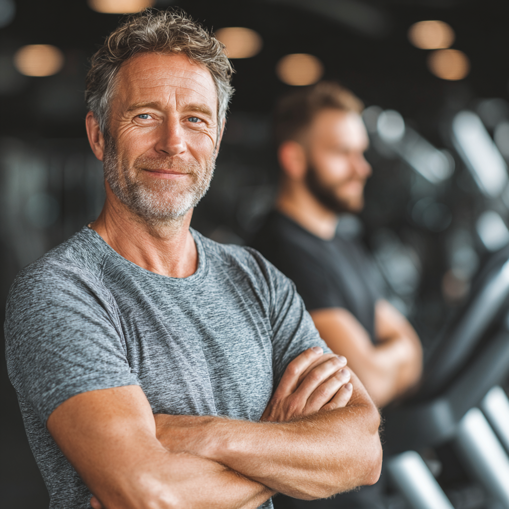Confident mature man in his 40s using exercise equipment in a professional gym environment with a personal trainer nearby